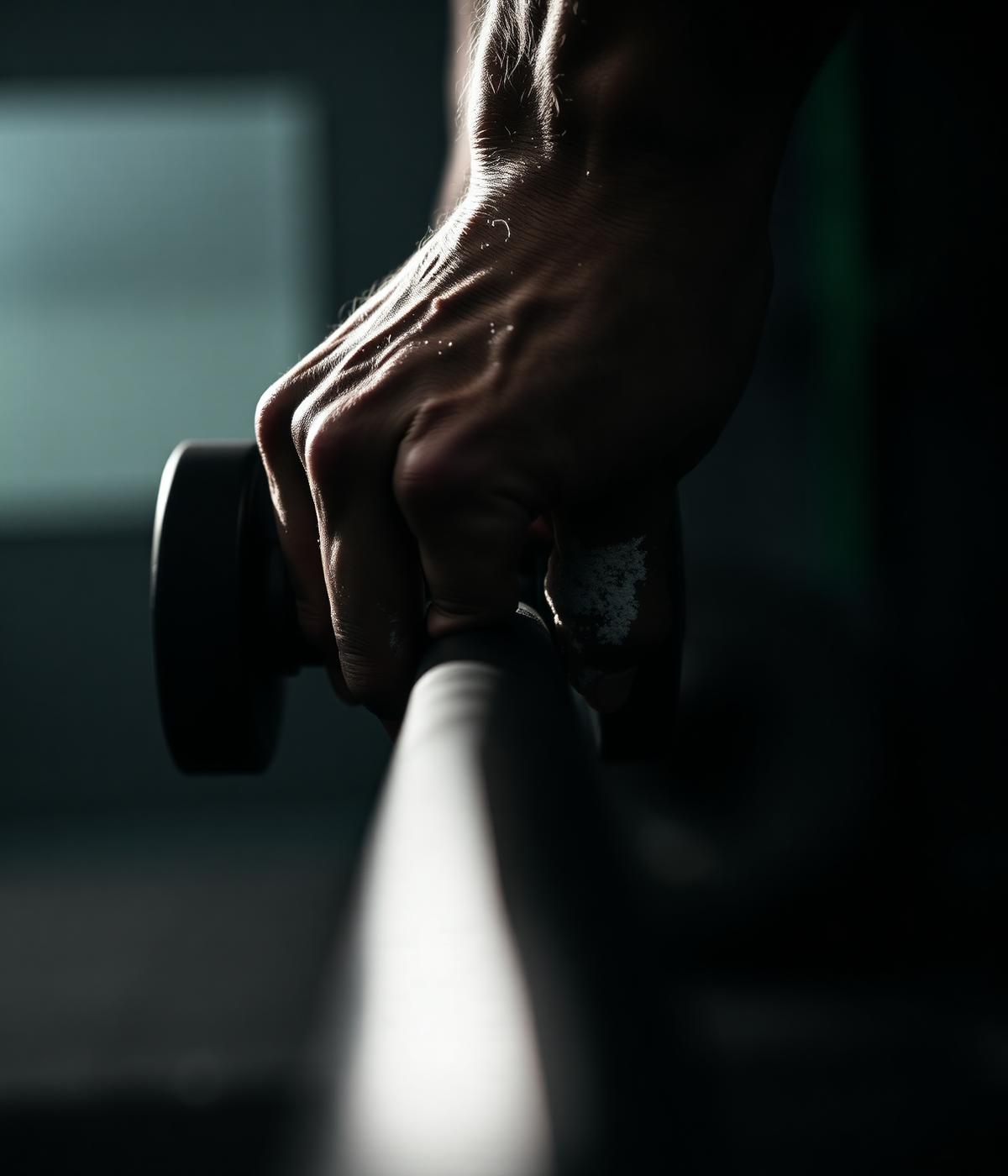 Chalked hands gripping barbell